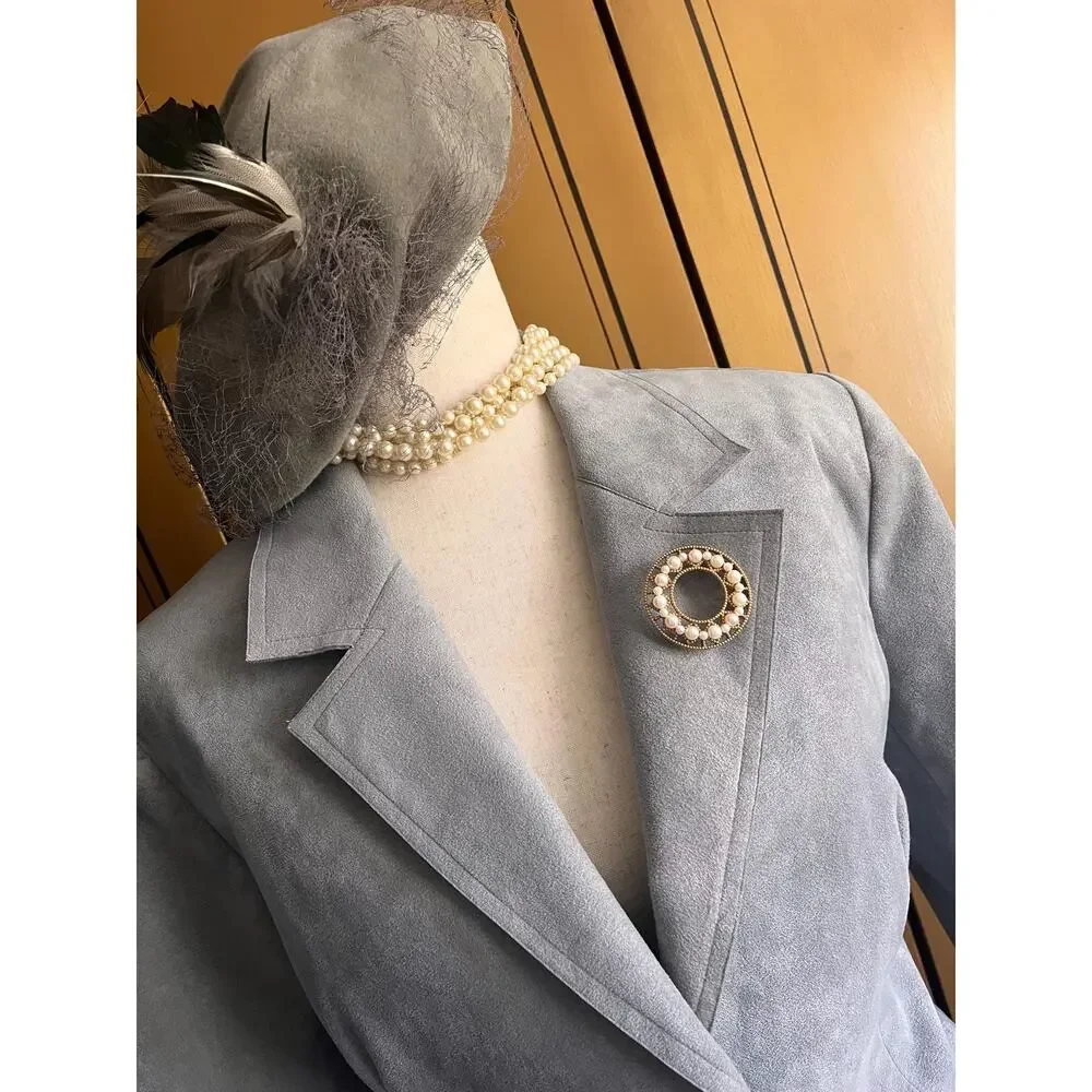 Vintage skirt suit in dove grey Ultrasuede, size 14